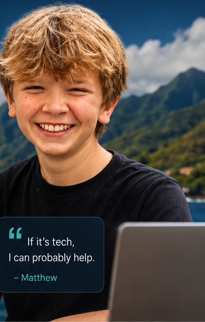 Matthew with a laptop, Maui mountains in background